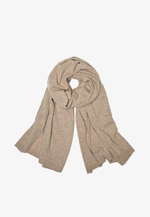 Beige strikkanhal med en blød tekstur, der har et cirkulært twist-design. Enderne er frynset, hvilket tilføjer en subtil detalje.