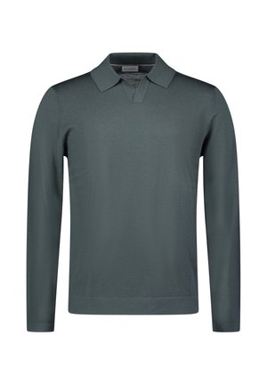 Langærmet polo-stil skjorte i mørkegrøn strikket stof. Har en flad krave og en lige kant. Enkel design, ingen synlige mønstre eller detaljer.