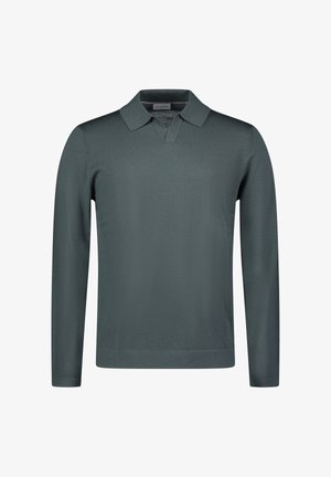 Langsleeve polo-hemd van donkergroene tricotstof. Voorzien van een vlakke kraag en een rechte zoom. Eenvoudig ontwerp, geen zichtbare patronen of accenten.
