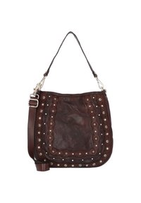Borsa a spalla in pelle marrone con motivo floreale ricamato e hardware argentato. Presenta una superficie testurizzata e una sola tracolla regolabile.