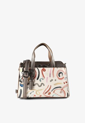 Petit sac à main avec des motifs abstraits multicolores en coups de pinceau, poignées en cuir marron et une bandoulière ajustable avec boucle.