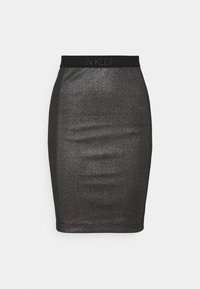 Black pencil skirt with a silver shimmer texture and an elastic Calvin Klein branded waistband. Sleek design with a fitted shape.