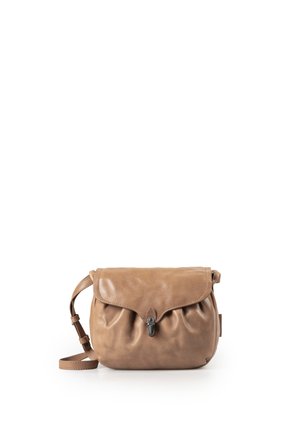 Small tan leather crossbody bag with a fold-over flap and metal clasp closure, adjustable shoulder strap, and gathered detailing.