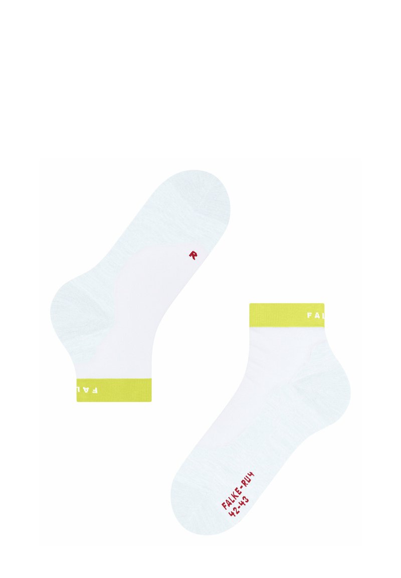 Chaussettes blanches jusqu'aux chevilles avec des bords côtelés vert lime, arborant le logo "FALKE" et des indications de taille en rouge. Fabriquées à partir d'un matériau doux et texturé.