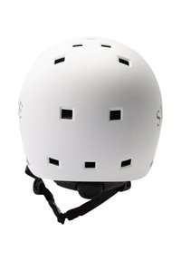 Witte skatehelm met ventilatieopeningen, een verstelbare kinband en een cirkelvormig achterverstellingssysteem voor de pasvorm.