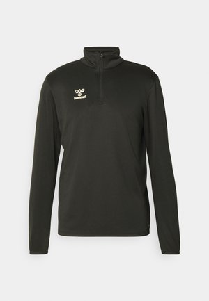 Black long-sleeve pullover with a high collar, featuring a quarter zipper and a small white logo on the chest. Made of a smooth, stretchy material.