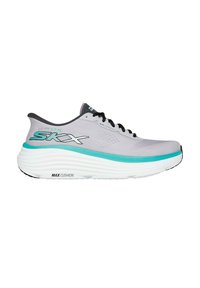 Scarpe da ginnastica grigie con un'upper in mesh traspirante, accenti turchesi e una suola bianca spessa etichettata "MAX CUSHION". Lacci neri e bordi.
