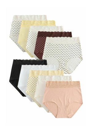 Ten pairs of women's high-waist briefs in assorted colors and patterns, each with lace trim on the waistband.