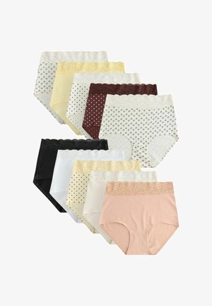 Kümme paari naiste kõrge vöökohaga aluspükse erinevates värvitoonides ja mustrites, iga paari vöökohal pitsist ääris.