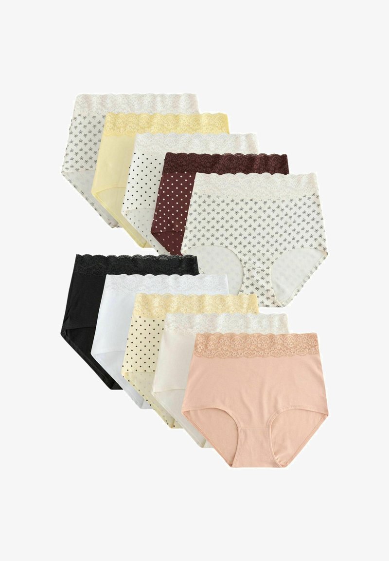 Dix paires de culottes taille haute pour femmes en couleurs et motifs assortis, chacune avec un bord en dentelle sur la ceinture.