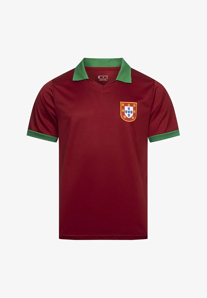 Maroon short-sleeve sports jersey with green collar and sleeve edges, featuring a multicolored shield emblem on the chest.
