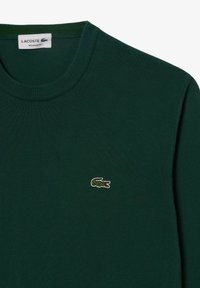 Dunkelgrüner Strickpullover mit rundem Ausschnitt und gerippten Abschlüssen. Mit einem gestickten Lacoste-Krokodil-Logo auf der linken Brust versehen.