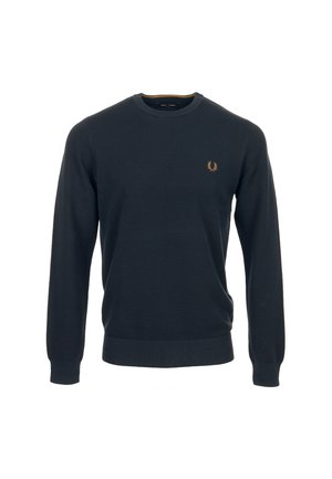 Dunkel marineblauer Langarm-Pullover mit Rundhalsausschnitt, strukturiertem Stoff und kleinem gesticktem goldenen Lorbeerkranz-Logo auf der linken Brust.