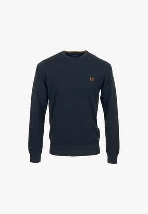 Maglione blu navy scuro a maniche lunghe con scollo tondo, tessuto strutturato e piccolo logo ricamato a corona d'alloro dorata sul petto sinistro.