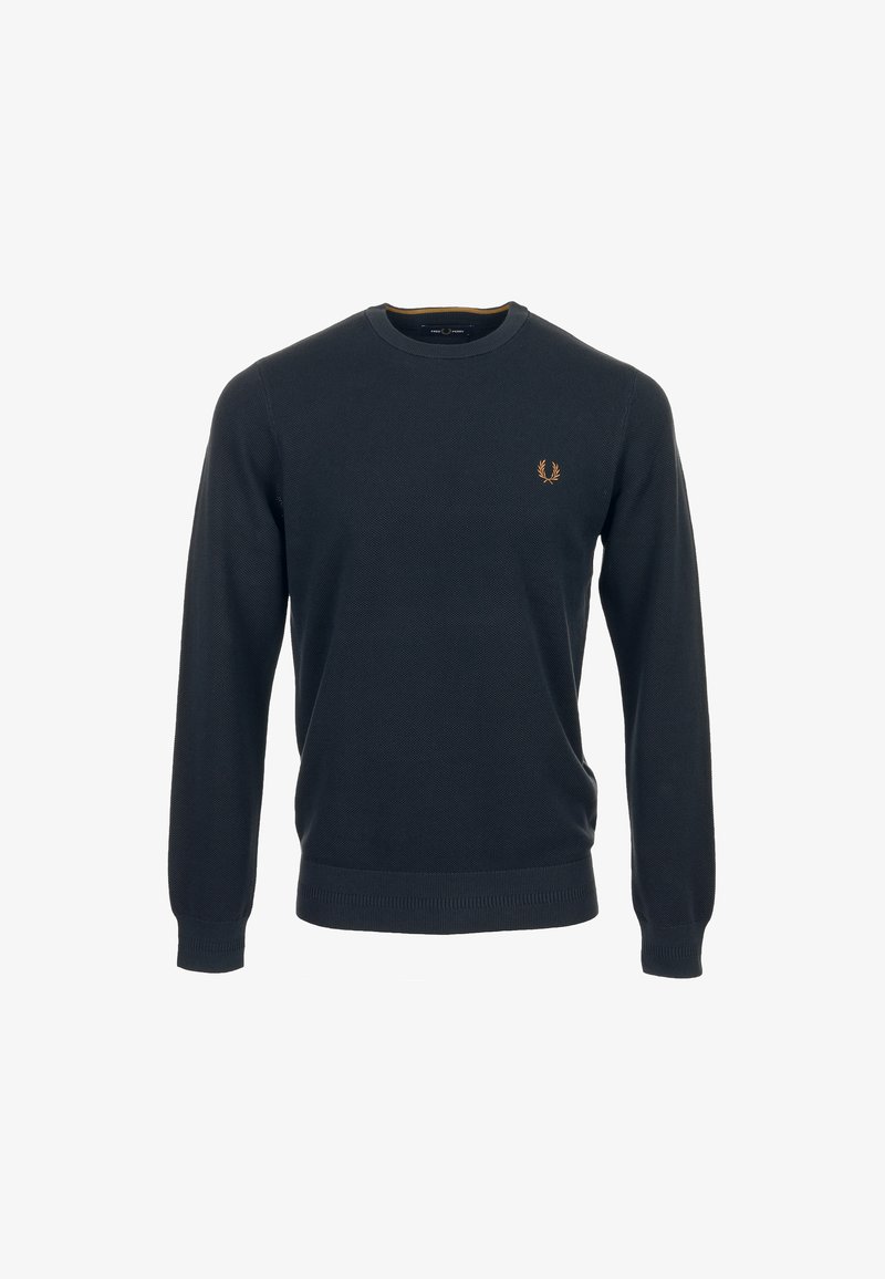 Pull bleu marine foncé à manches longues et col rond, en tissu texturé, avec un petit logo brodé doré en forme de couronne de laurier sur la poitrine gauche.