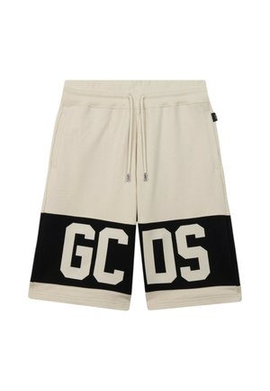 Beige shorts med sorte bånd nær kanten, prydet med store beige "GCDS"-bogstaver, elastisk talje og snøre lukning.