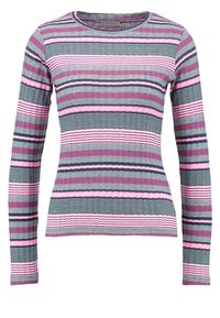 Pull à manches longues rayé avec des rayures de différentes largeurs en rose, gris et bleu marine. Fabriqué en maille texturée. Encolure ronde.