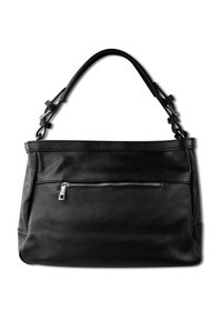 Sac à main en cuir noir avec une finition texturée, poche avant zippée, poignées doubles et bandoulière réglable. Comprend des accents en métal argenté.