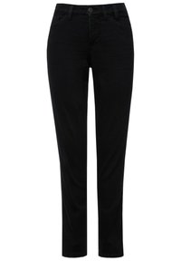Pantaloni neri slim-fit realizzati in denim morbido; presentano un classico design a cinque tasche con chiusura anteriore a bottone e dettagli di cucitura delicati.