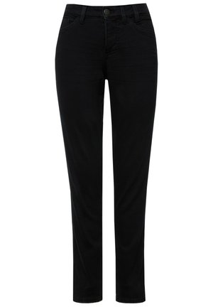 Pantalon slim noir en denim doux; dispose d'un design classique à cinq poches avec une fermeture à bouton sur le devant et des détails de couture subtils.