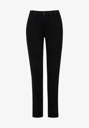 Pantaloni neri slim-fit realizzati in denim morbido; presentano un classico design a cinque tasche con chiusura anteriore a bottone e dettagli di cucitura delicati.