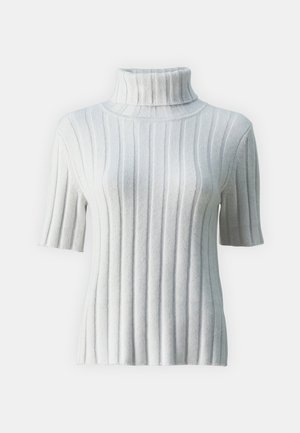 Maglione a maniche corte grigio chiaro con colletto alto e pieghettato, caratterizzato da una vestibilità aderente e una texture a coste.