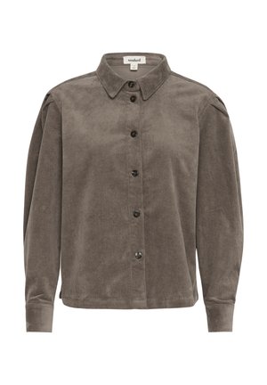 Corduroy shirt in muted gray with a button-up front, classic collar, and long sleeves. Features subtle ribbed texture and black buttons.