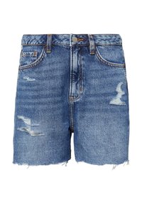 Shorts en denim dans un bleu clair avec des détails déchirés, ourlet brut, design à cinq poches et fermeture à bouton à l'avant.
