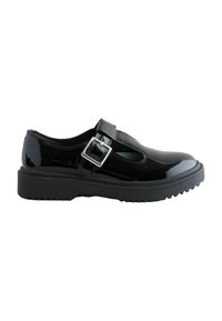 Chaussure Mary Jane en cuir verni noir avec un bout rond, une seule bride avec une boucle et une semelle en caoutchouc noir texturé.