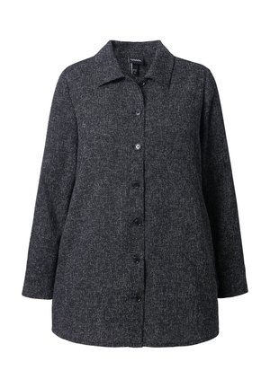 Giacca button-up grigia scura realizzata in tessuto testurizzato, con colletto, maniche lunghe e chiusura frontale con bottoni.