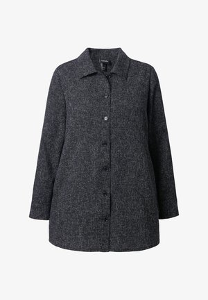 Dunkelgraue, knöpfbare Jacke aus strukturiertem Stoff mit Kragen, langen Ärmeln und vorderem Knopfverschluss.