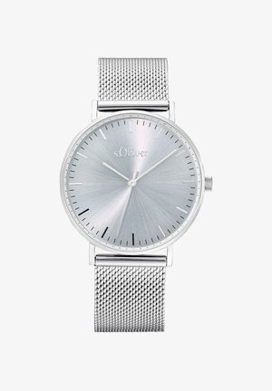 Silbernes Netzarmbanduhr mit rundem Zifferblatt, das ein gebürstetes Silbergesicht, silberne Stundenmarkierungen sowie zentrale Stunden- und Minutenzeiger aufweist.