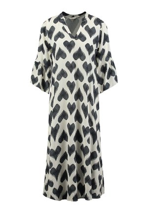 Vestito a maniche corte in tessuto leggero, con scollo a V e un motivo di cuori neri su sfondo crema. Le maniche svasate aggiungono volume.
