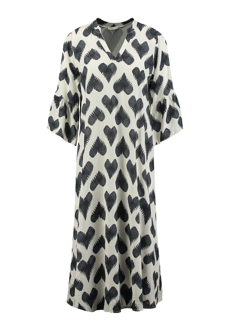 Vestito a maniche corte in tessuto leggero, con scollo a V e un motivo di cuori neri su sfondo crema. Le maniche svasate aggiungono volume.