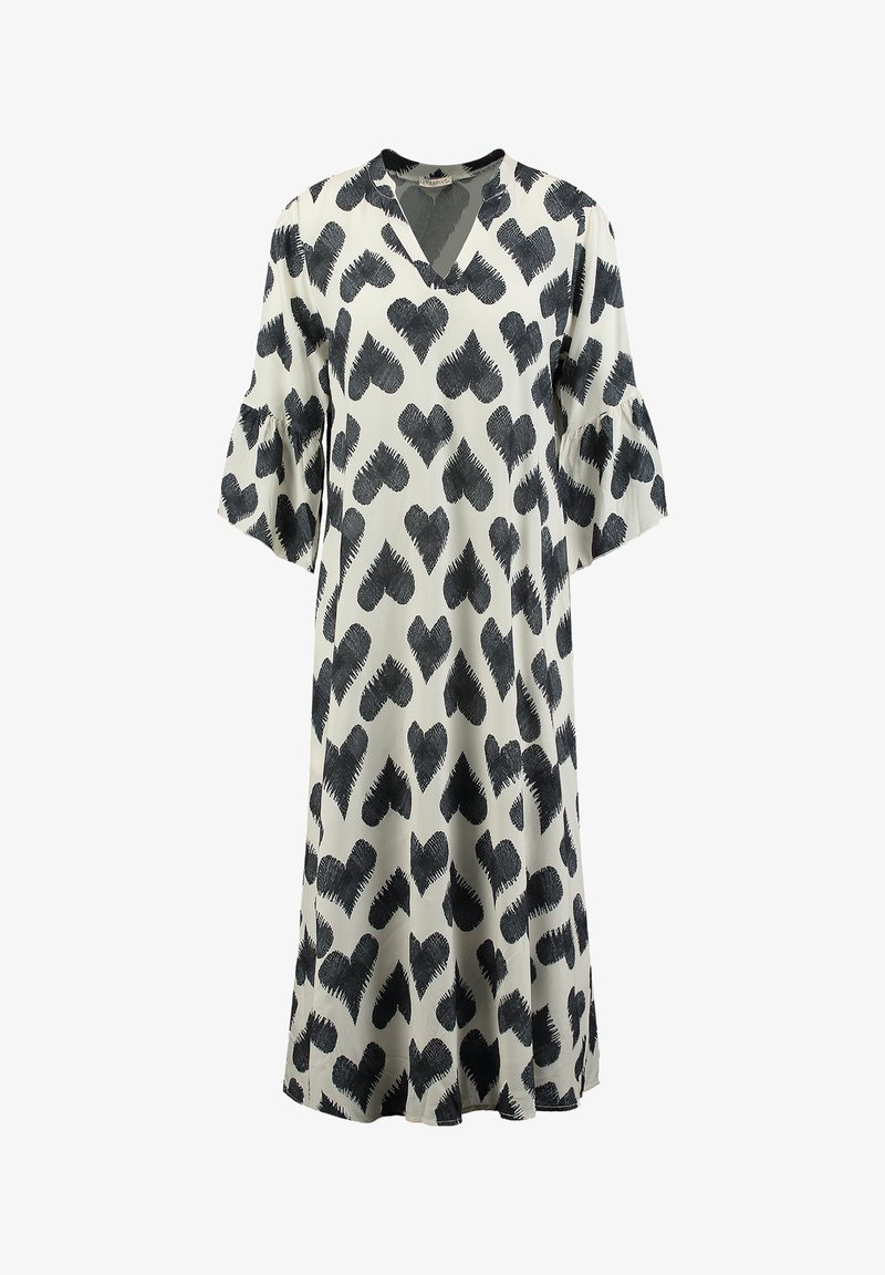 Kurzärmliges Kleid aus leichtem Material, mit einem V-Ausschnitt und einem schwarzen Herzmuster auf einem cremefarbenen Hintergrund. Ausgestellte Ärmel sorgen für Volumen.