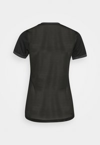 Black, short-sleeved T-shirt with a mesh texture and contrasting solid color sleeves. Features a crew neck and a fitted design.