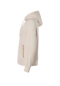 Veste à capuche beige clair avec manches longues et une poche zippée, vue de côté sur fond blanc.