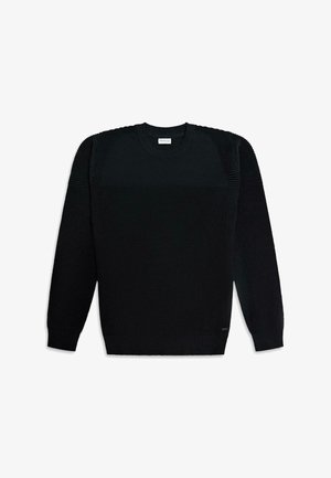 Fekete, kötött pulóver bordás textúrával a vállakon és ujjakon, kerek nyakkivágással, sima testtel a strukturált megjelenés érdekében.