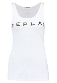 Top smanicato bianco a costine con scollatura tonda e la scritta "REPLAY" stampata in nero sulla parte anteriore. Silhouette semplice e aderente.