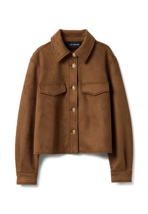 Braune kurze Jacke mit goldenen Knöpfen, zwei Brustklappen-Taschen und einem spitzen Kragen, aus wildlederähnlichem Stoff.