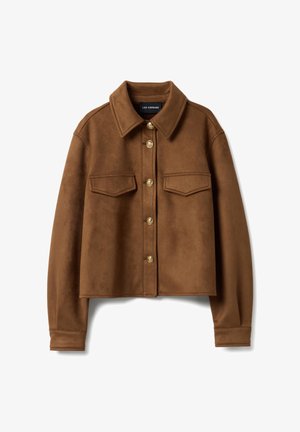 Bruin cropped jasje met gouden knopen, twee borstzakken met klep en een puntige kraag, gemaakt van suède-achtig materiaal.