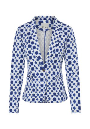 Blazer mit einem blau-weißen Sternmuster, aus leichtem Stoff gefertigt. Verfügt über einen Reverskragen, zwei Vordertaschen und einen einzelnen Knopfverschluss.