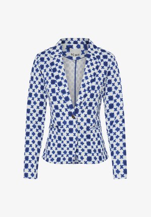 Blazer met een blauw-wit sterpatroon, gemaakt van een lichtgewicht stof. Voorzien van een reverskraag, twee steekzakken aan de voorkant en een enkele knoopsluiting.