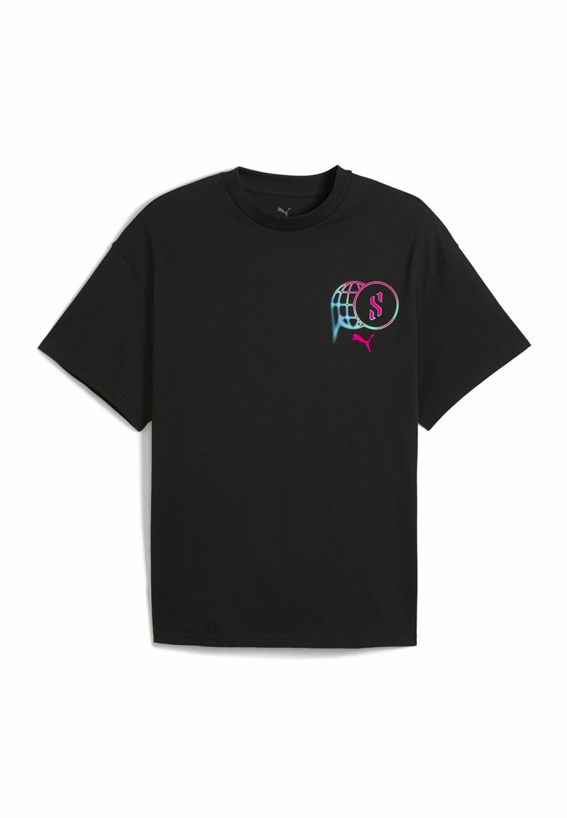 Sort bomuld t-shirt med rund hals, korte ærmer og et multicolor grafisk design på venstre bryst med logo detaljer.