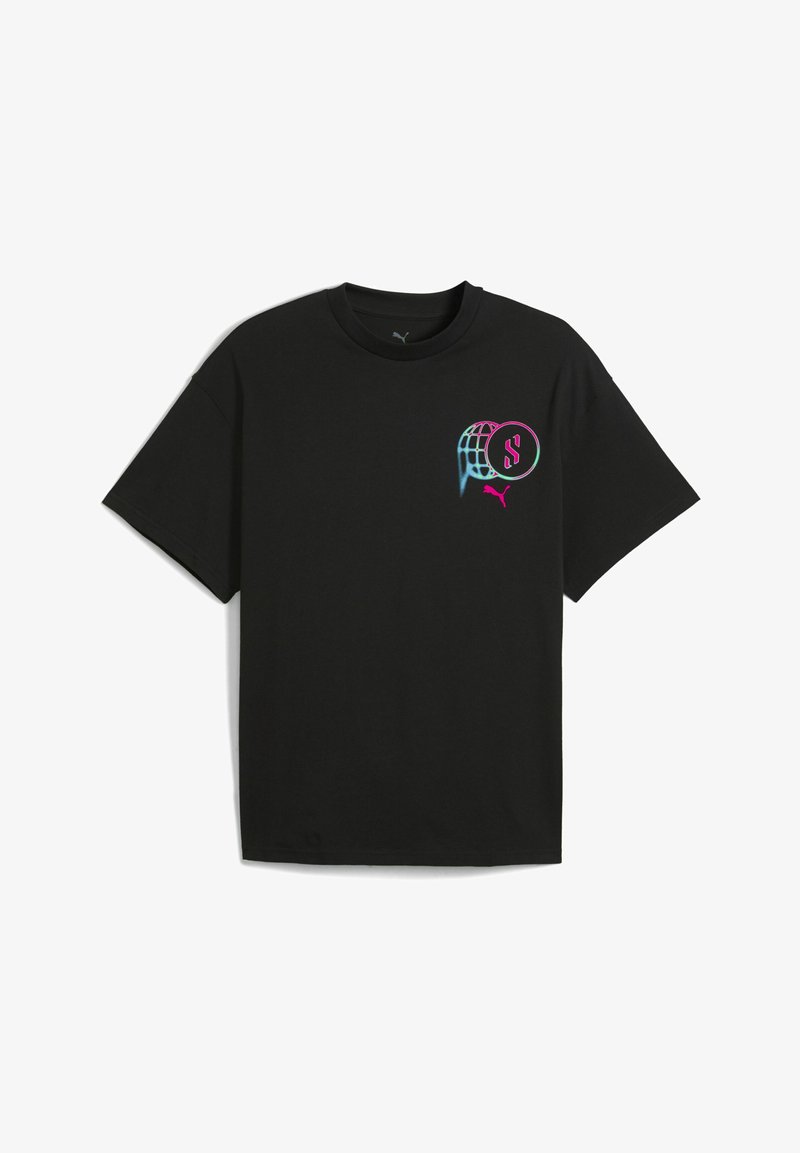 Tricou din bumbac negru, cu guler rotund, mâneci scurte și un design grafic multicolor pe pieptul stâng, cu detaliu de logo.
