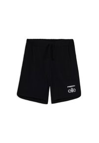 Pantalones cortos deportivos negros con cinturilla elástica y cordón. Cuenta con bolsillos laterales y el logo "FREDDY elite" en blanco en la pierna izquierda.