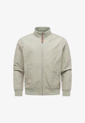 Lysebeige herrejakke med lynlås, ribstrikket krave, manchetter og kant, samt to sidelommer, vist på en hvid baggrund.