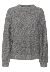 Grauer gestrickter Pullover mit einem strukturierten Muster, Rundhalsausschnitt und langen Ärmeln. Ribbed Bündchen und Saum, aus einem weichen, warmen Material gefertigt.