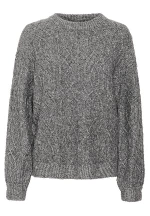 Gray knitted sweater with a textured pattern, round neckline, and long sleeves. Ribbed cuffs and hem, made from a soft, warm material.