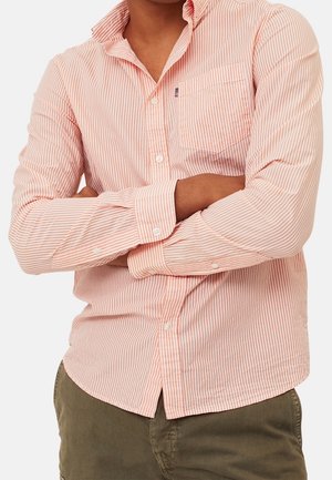 Mand iført lyserød og hvidstribet skjorte med brystlomme, armene krydset og olivengrønne bukser mod en ensfarvet baggrund.